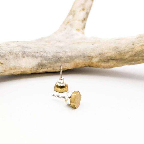Mini Hexagon Studs in Brass with Sterling Silver
